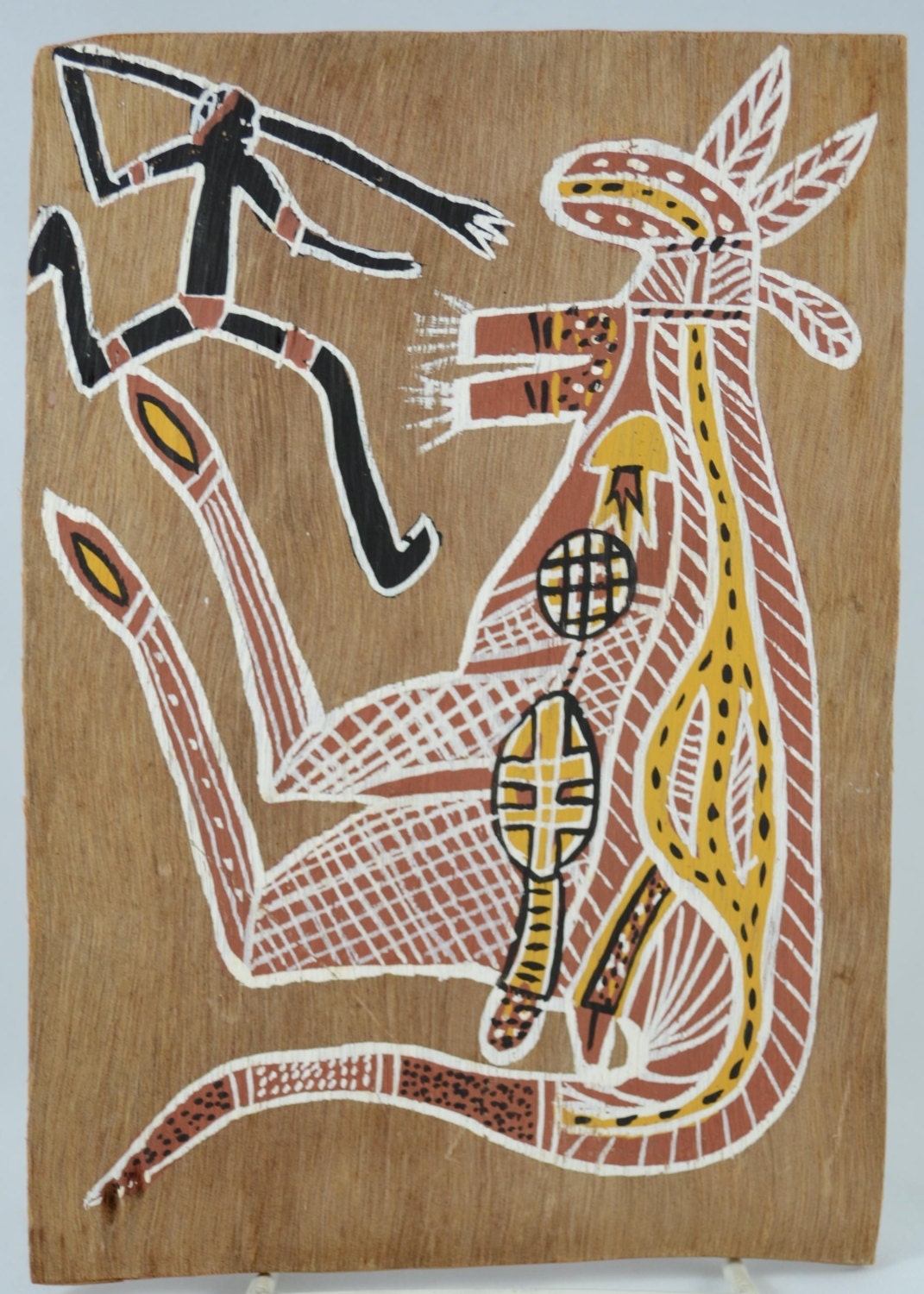 Vintage Bark Painting in Aboriginal X-ray Style Depicting