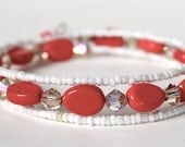 3 loop memory wire handmade coral and white beaded bracelet