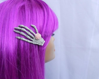 Skeleton Hand Hair Clip with Pastel Pink Rose Pin Up Pastel Goth Rockabilly