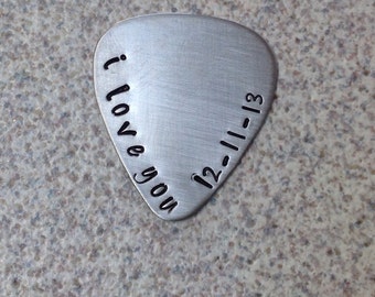 Guitar pick, hand stamped 22 gauge stainless steel.Anniversary or wedding gift personalized for his or hers.