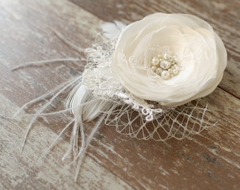 Ivory wedding hairpiece flower bridal hair accessories pearls wedding hair fascinator hair clip 3 inch flower, satin, pearl chiffon, feather