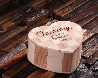 Large Personalized Engraved Light Wood Engagement Gift Heart Shape Jewlery Treasure Box Cose Monogrammed Customized Engraving (024324-Large)