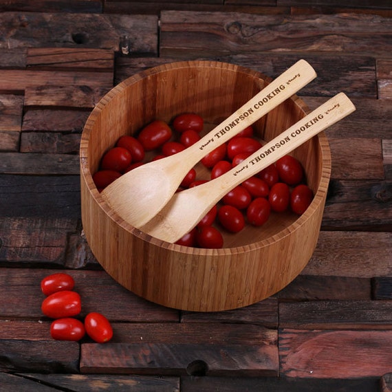 Personalized Wood Salad Bowl with Spoons Engraved and