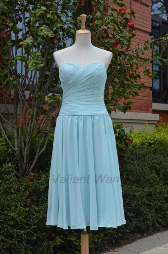 Blue Sweetheart Neck Chiffon Bridesmaid Dress Knee by Valiantwang