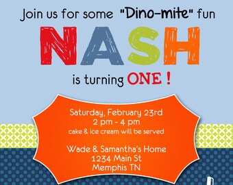 Dinosaur 1st birthday invitation, boy 1st birthday invitation, double sided, digital file