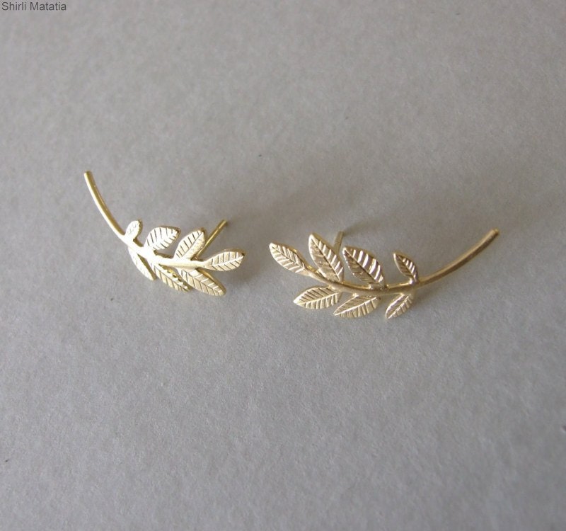 Gold plated silver Stud Leaves Earrings by shirliclassicjewelry