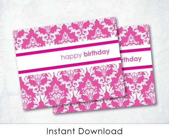 Birthday card PINK DAMASK Printable Happy