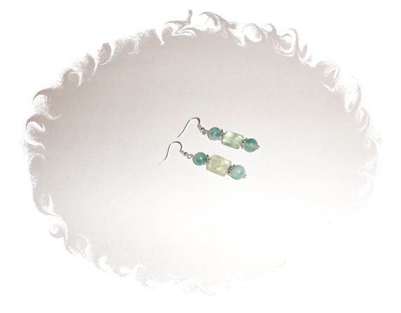 Green and White Jade Green Fluorite Faceted Gemstone Dangle Earrings