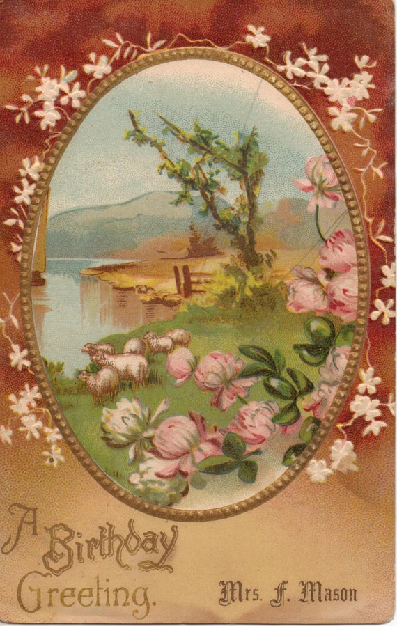 A Birthday Greeting Country Scene with Pink Flowers Vintage