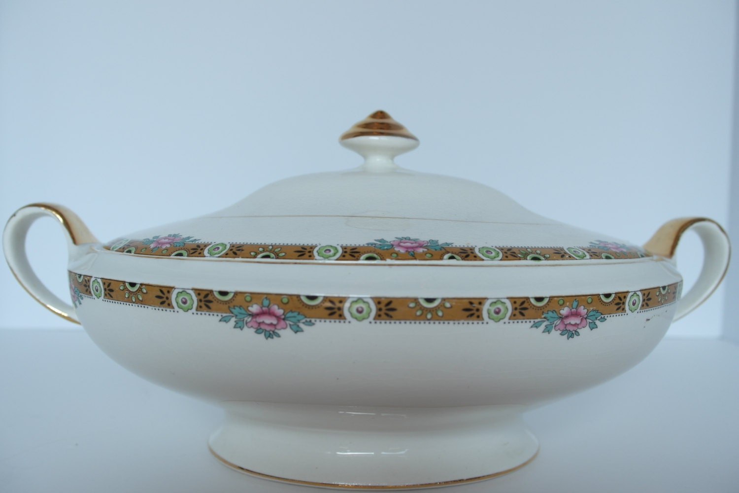 Thompson Aladdin China Serving Dish Covered Casserole Gold Chartreuse 