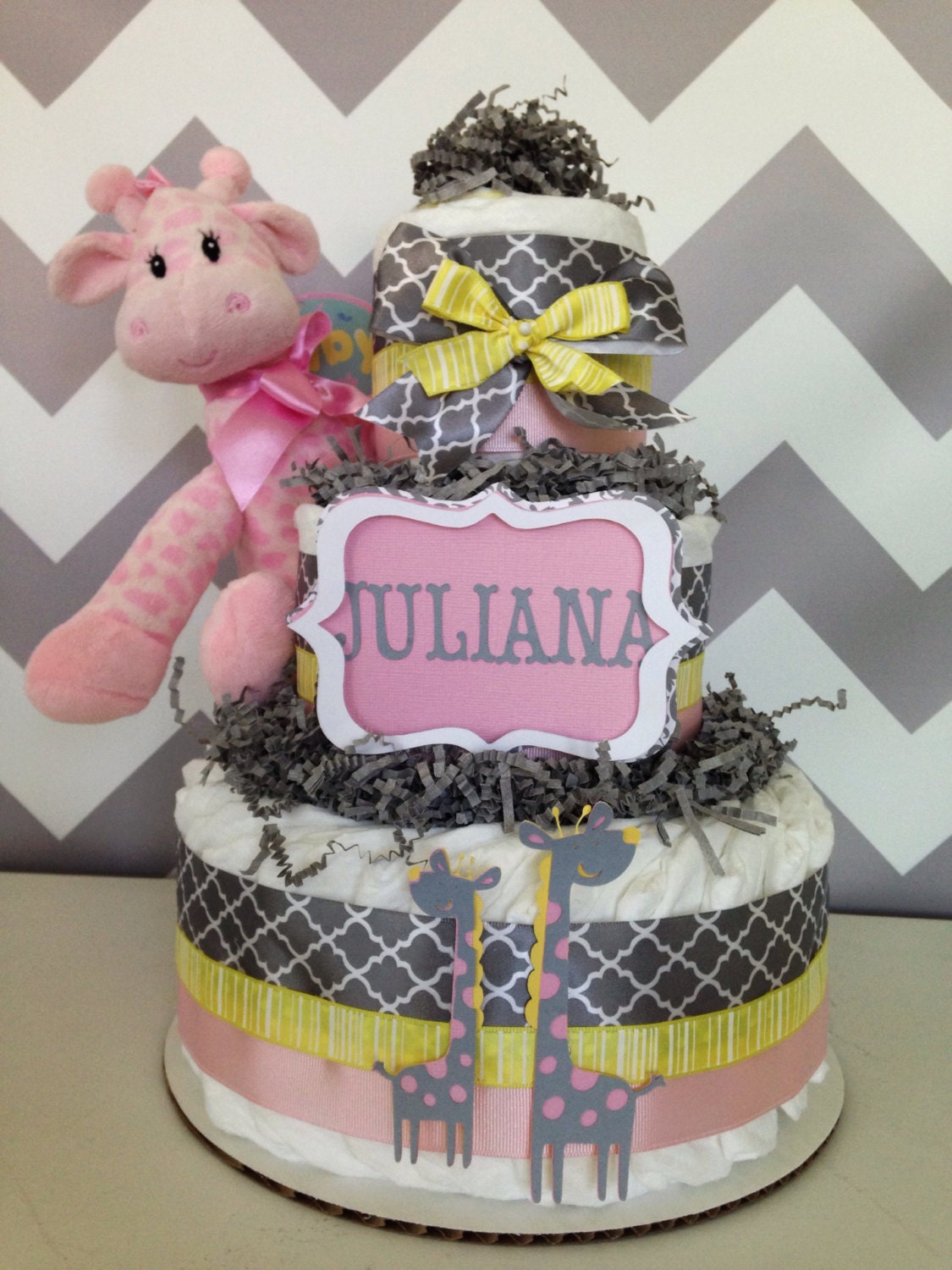 Modern Giraffe Diaper Cake Pink Yellow and Gray by AllDiaperCakes