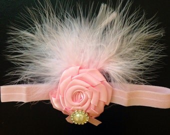Pink Feather Pearl Headband/ Pink Flapper Headband/ Baby Girl Headband/ Newborn Photo Prop