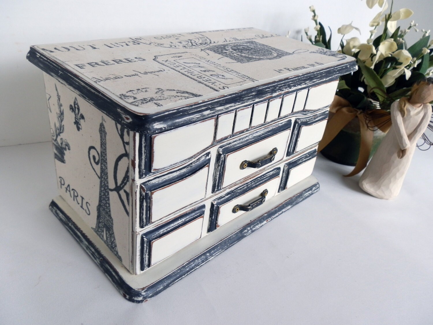 Jewelry Box Upcycled French Paris Eiffel Tower Painted Annie
