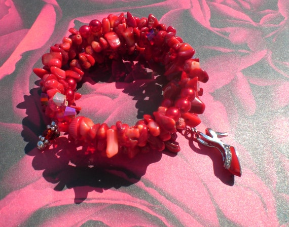Red Pearl Crystal Quartz Chip Wrap Bracelet by JazzyDazzleJewelry