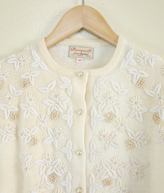 Vintage 1950s Beaded Cardigan Ivory Sweater Large
