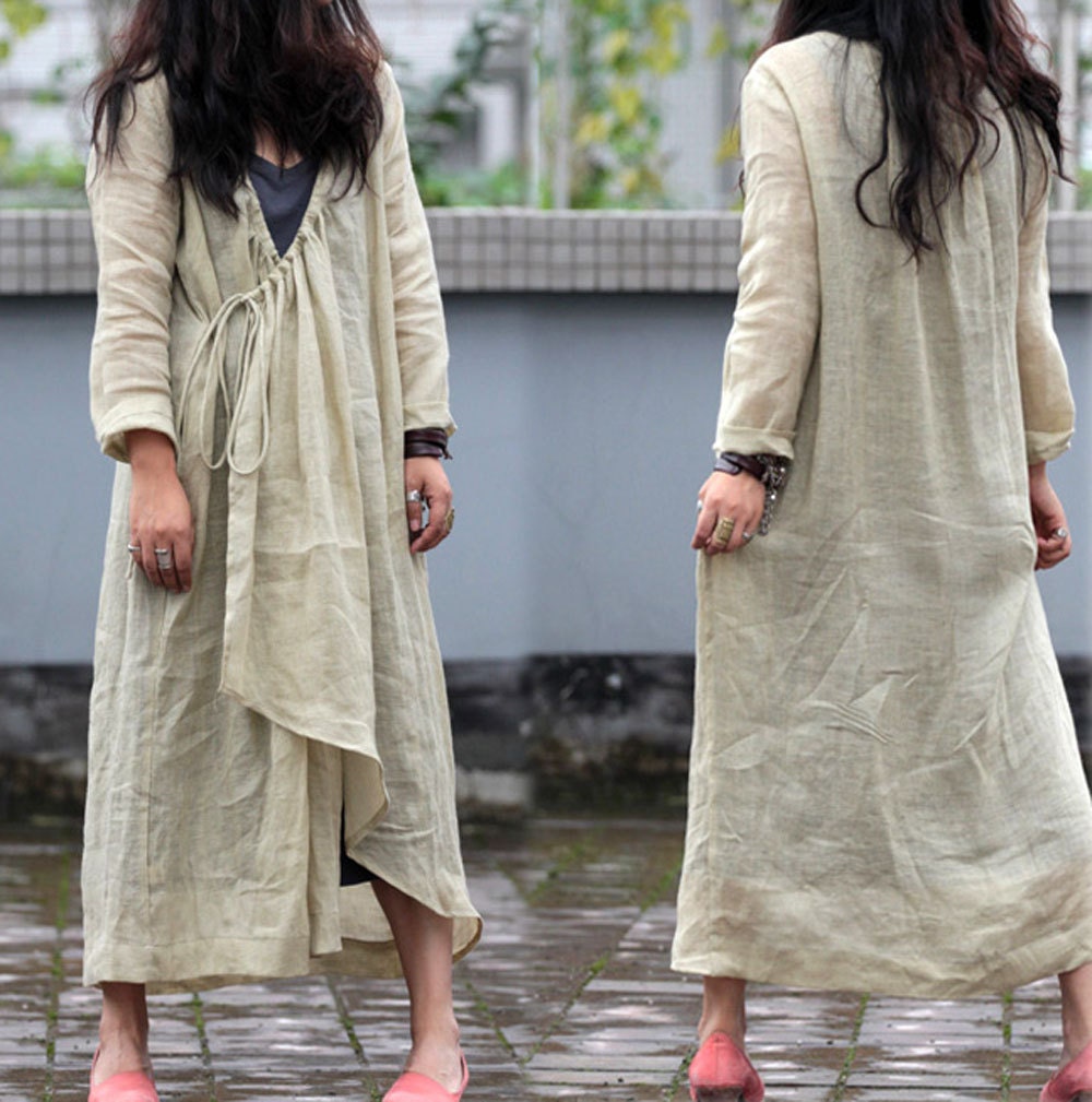 059Asymmetrical Linen Long Coat Jacket Coat Dress