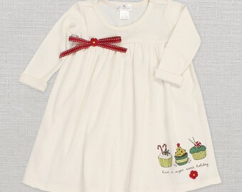 Baby Girl Dress Red White Ivory Holiday Christmas Cupcake Bow, Baby Girl Christmas Outfit, Red