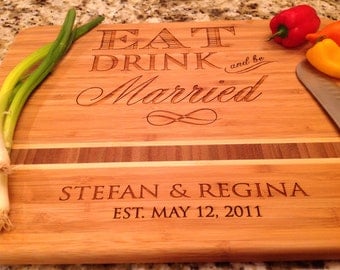 Wedding Personalized Cutting Board, Eat Drink and be Married Engraved Caribbean inlay 11"x15" Bamboo, great wedding gift, anniversary
