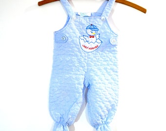 Vintage Baby Boy Blue Overalls White Pin Stripes // Little Chick with Hat // 3 - 6 - 9 Months