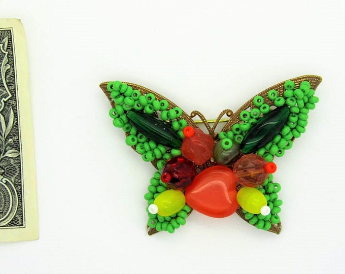 Butterfly Brooch Pin Czech Glass Beads Hand Made