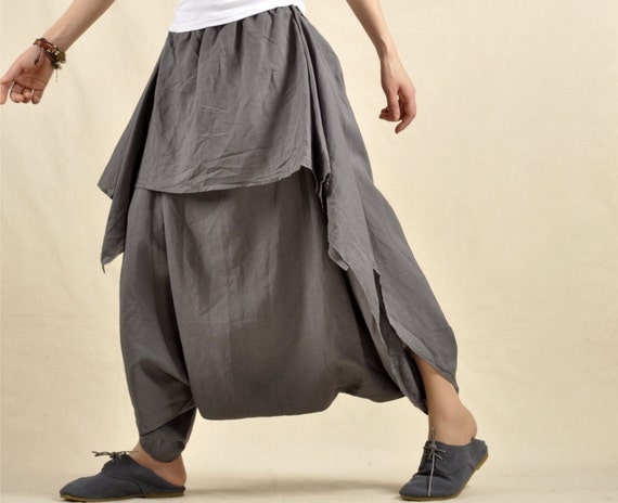 Gray Cotton Linen Wide Leg Pants Short Skirt Hanging by MordenMiss