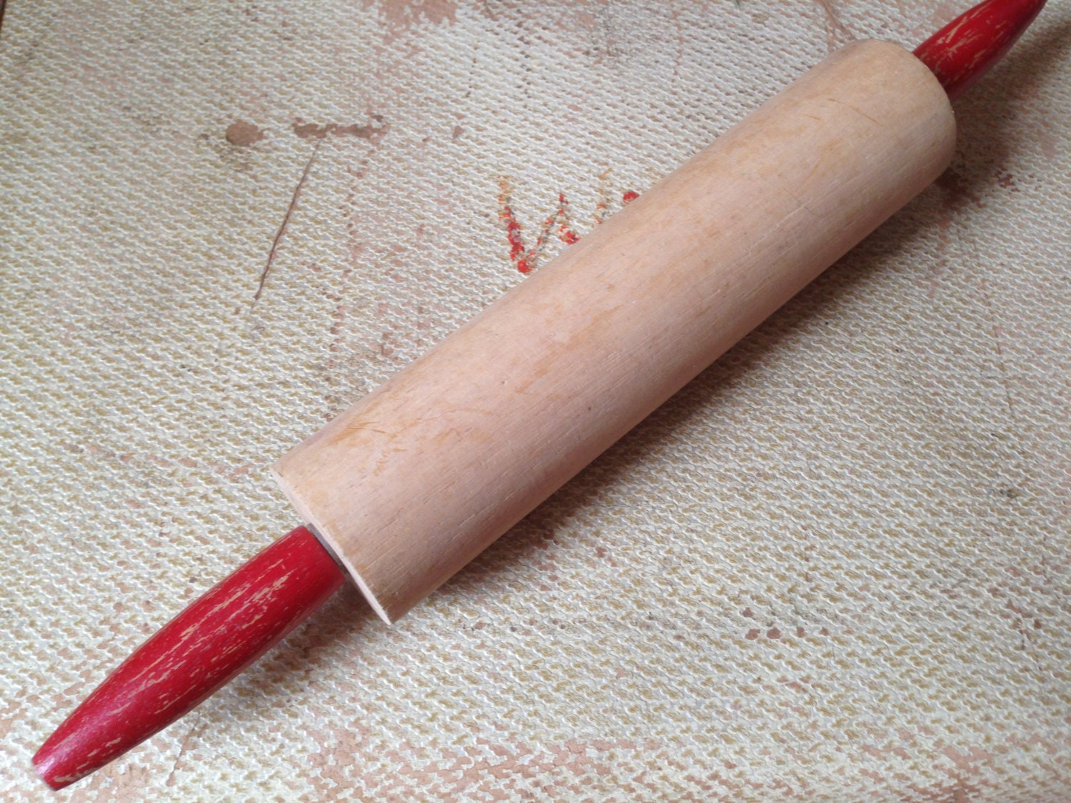 Vintage Wooden Rolling Pin with Red Handles by AbsolutelyNice