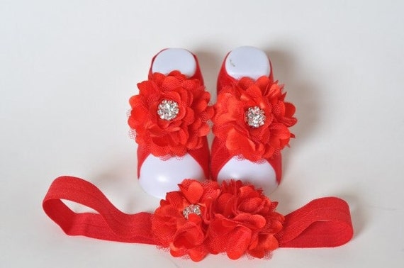 Red Baby Barefoot Sandals with Chiffon Flower and Rhinestone Center ...