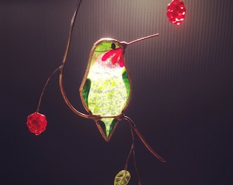 Hummingbird with Berries stained glass suncatcher