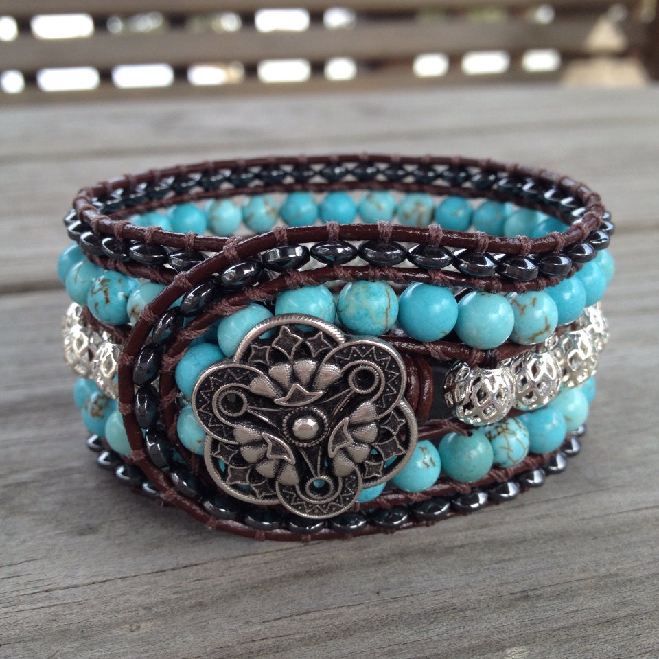 Turquoise And Silver Beaded Leather 5-row Cuff By Silverstonebeads