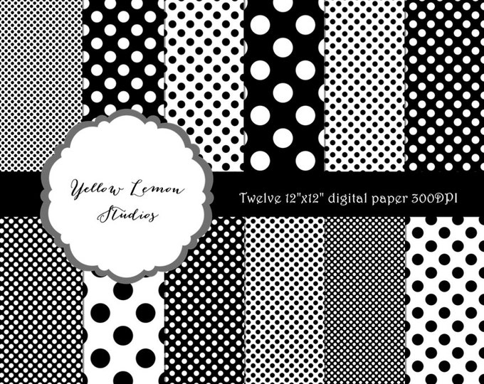INSTANT DOWNLOAD-Classic polka dots in various sizes black and white Texture Digital Scrapbooking Paper Pack, 12"x12", 300 dpi .jpg