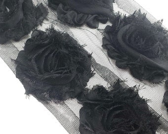 Black shabby flower trim - shabby rose trim - wholesale flower trim - shabby trim - rose trim - chiffon trim - you pick amount