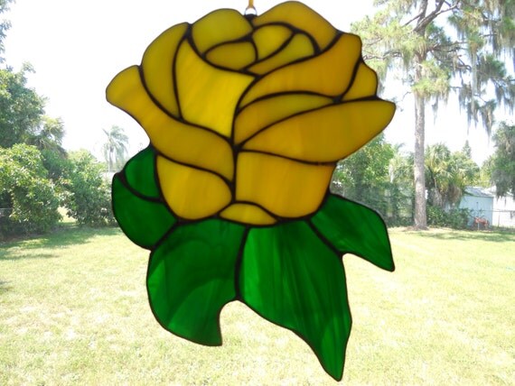 Handmade Stained Glass Yellow Rose Flower by GCStainedGlass