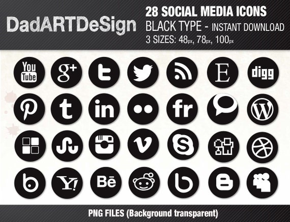 28 SOCIAL MEDIA icons set, Black - Instant Download - 3 sizes