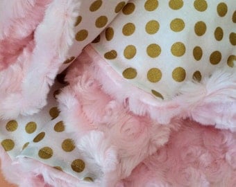 Gold dot baby blanket, light pink minky, gold nursery, blush girl shower gift, gold nursery, robert kaufman spot on, modern, trendy gift