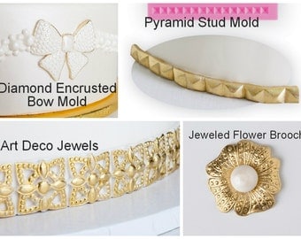 Jeweled Flower Brooch mold, Art deco jewels moulds, pyramid stud mold & diamond encrusted bow moulds