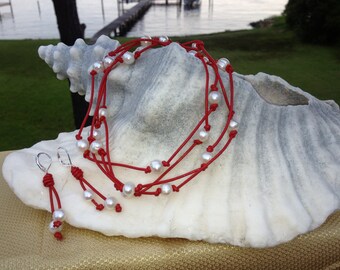 Red Leather pearls necklace with matching earrings