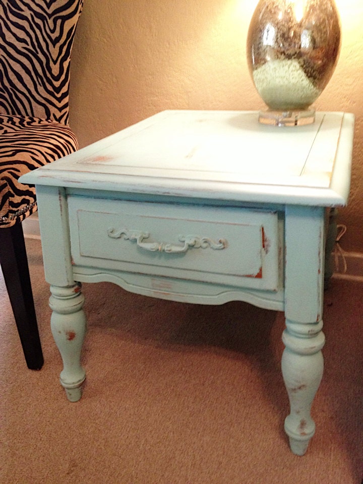 SHABBY CHIC End Table Duck Egg Blue Chalk Paint Distressed