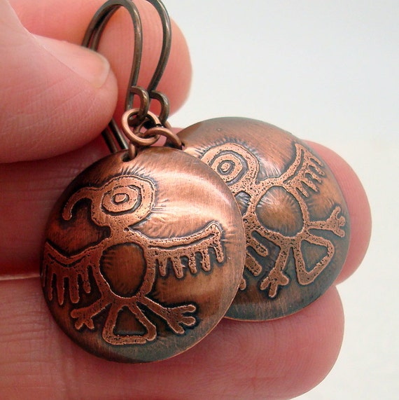 Copper Petroglyph Earrings of a Thunderbird from a