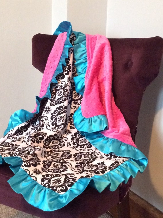 Blanket Black and White Damask with Turquoise by 4PeasBabyBoutique