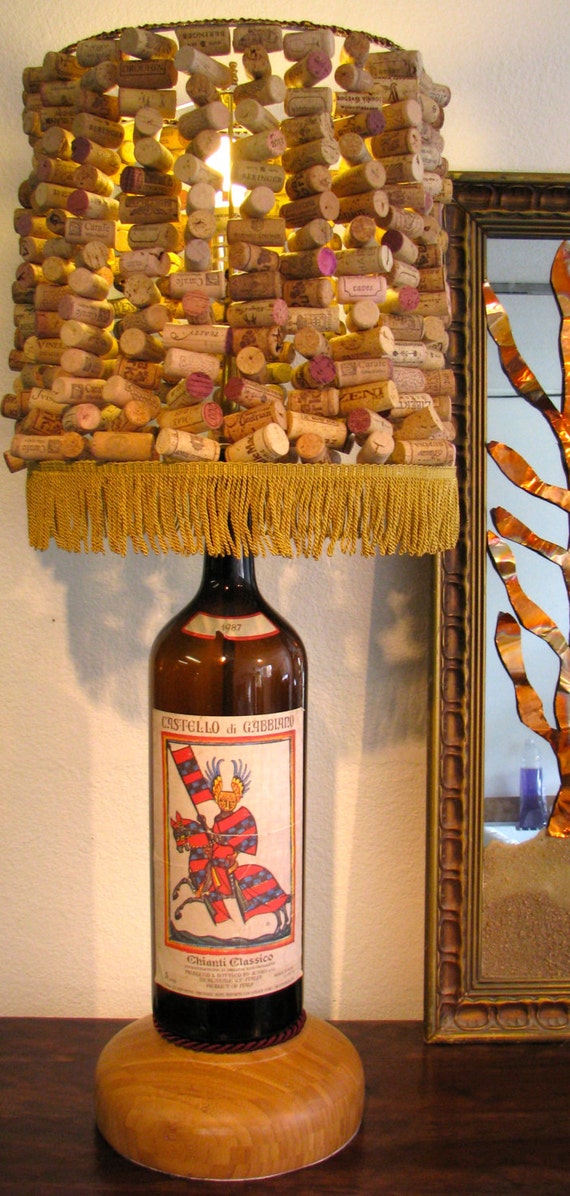OOAK Vintage Wine Bottle Lamp and Strung Wine Cork Lampshade