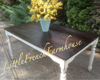 Custom Built Farmhouse Table Harvest Table GORGEOUS! Pine top StainedDark Walnut & distressed Cottage White - Little French Farmhouse