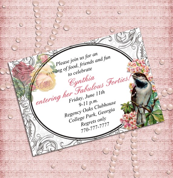 Vintage Flowers and Bird Women's Birthday Party Invitation