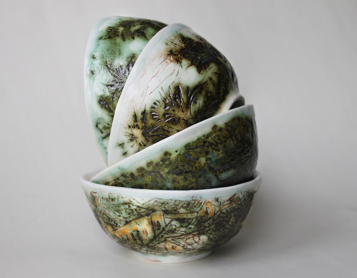 Ceramic bowls set green olive Hand painted Artistic Ceramic