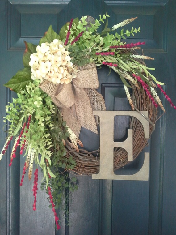 spring wreath, cream hydrangea wreath with greenery and red 