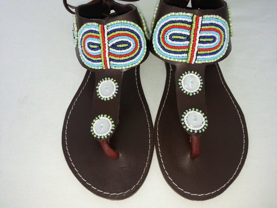 African Colours Beaded Leather Sandals Flip-Flops Shoes -Style No.33