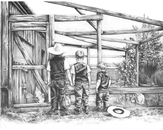 Boy Cowboys by The Chicken Coop Art Print from Original Pencil Drawing