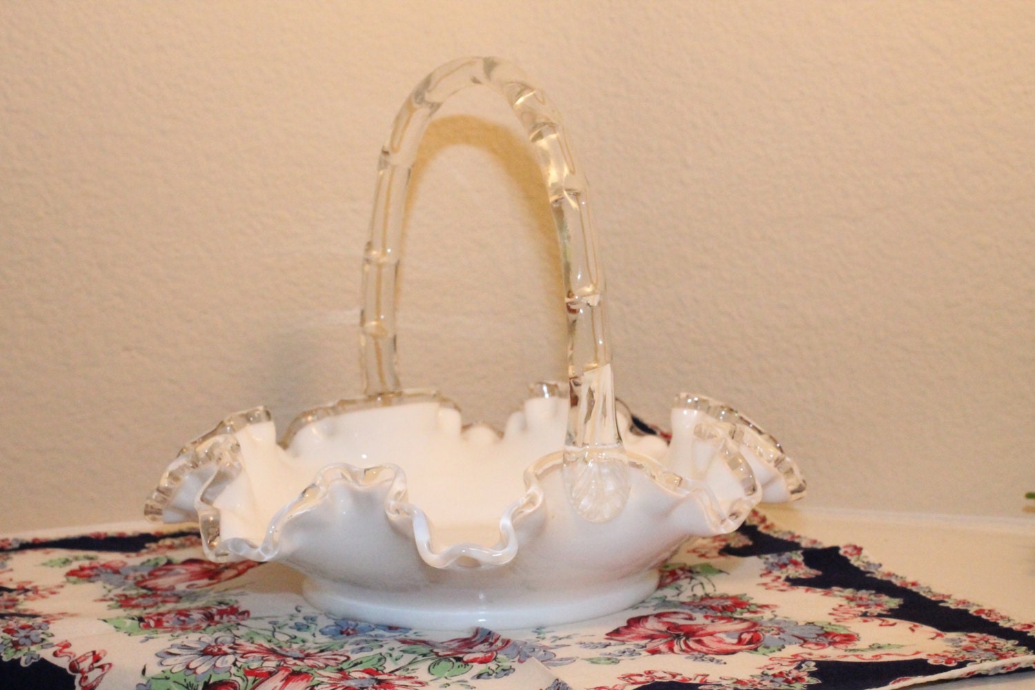 Fenton Silver Crest White Glass Ruffled Edge Basket 3883