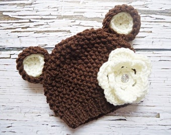 Crochet teddy bear Hat, Newborn bear hat, Baby teddy bear hat, Brown teddy bear hat