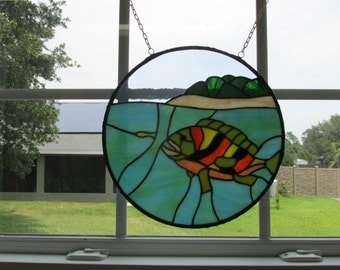 stained glass suncatcher (panel) fish with blue/green water
