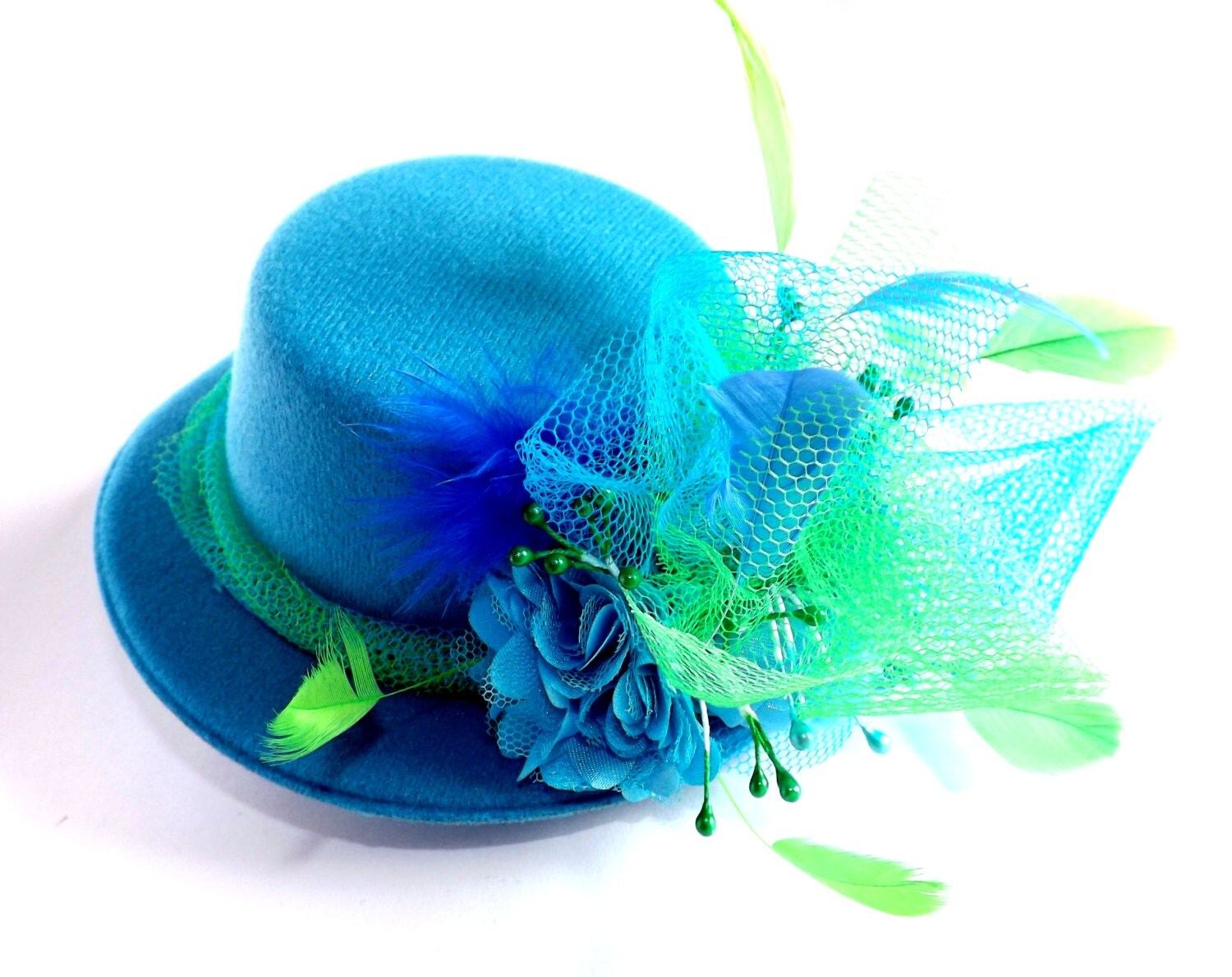 SALE 50 Turquoise flower mini top hat green and blue flower